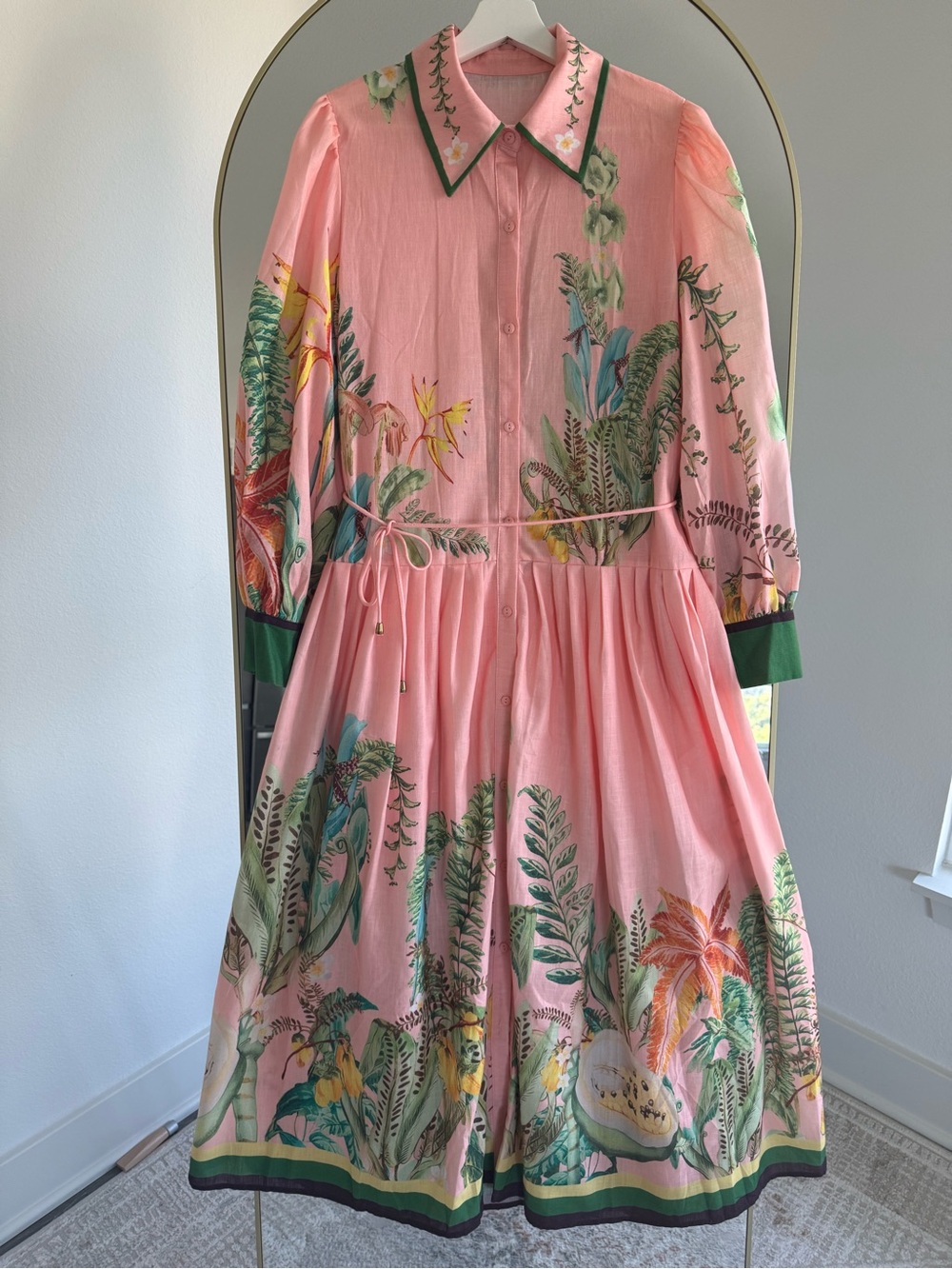 Linen Pink Botanical Print Long-Sleeve Dress